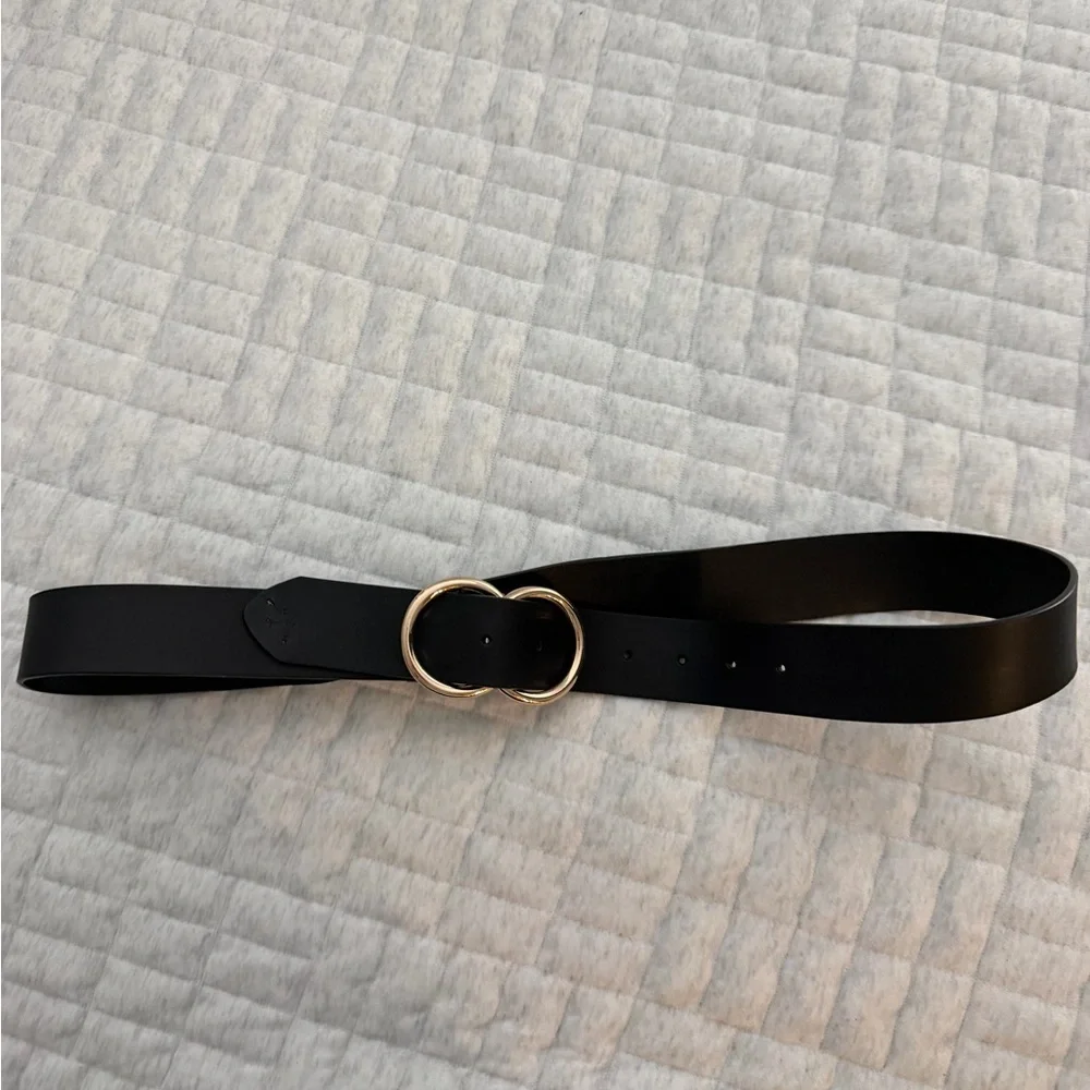 Black Leather Belt with Gold Round Buckle